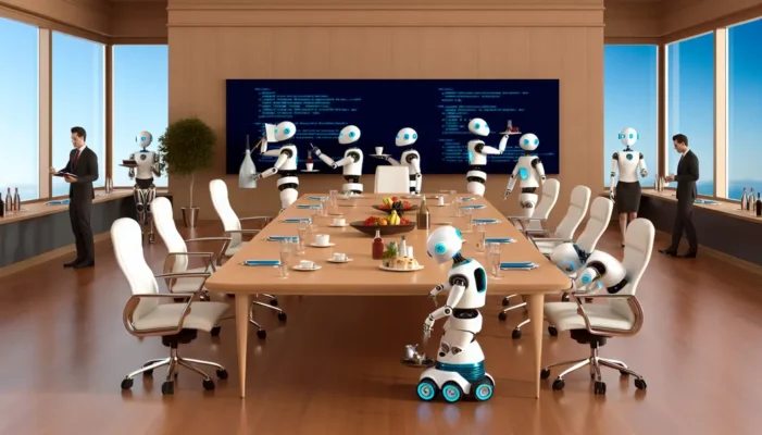 Robots in a boardroom serving drinks and taking notes for executives.