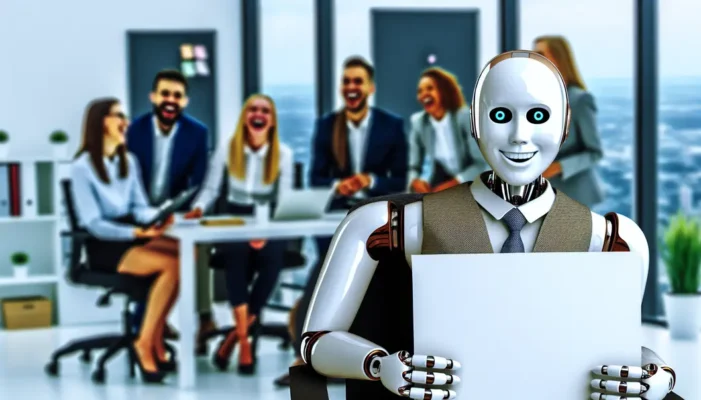 A humanoid robot in an office holding a humorous sign surrounded by laughing staff.