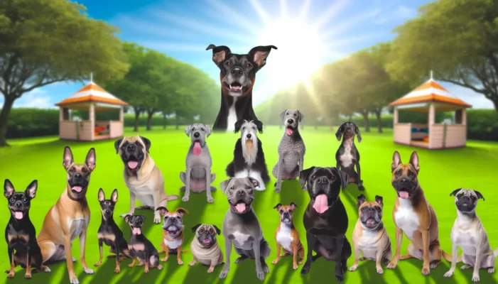 Various dog breeds sitting together in a sunny park.