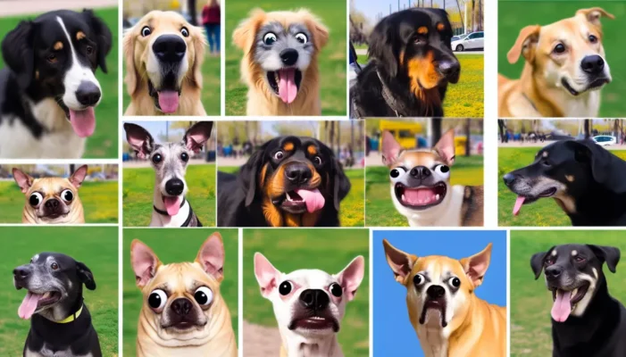 Golden Retrievers, Chihuahuas, and Great Danes in a collage of funny faces.