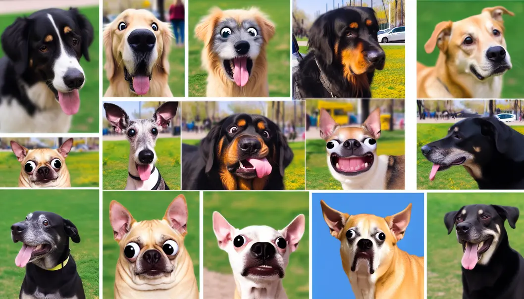 Golden Retrievers, Chihuahuas, and Great Danes in a collage of funny faces.