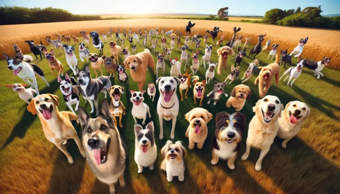 Various dog breeds, both mixed and purebred, playing joyfully together in a sunny field.