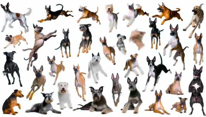 Various dog breeds collaged together in playful poses.