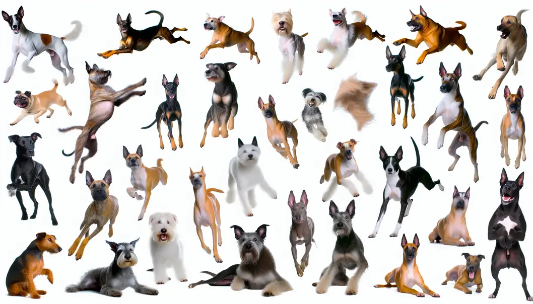 Various dog breeds collaged together in playful poses.