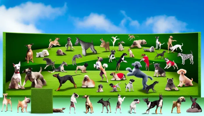 Various American dog breeds portrayed humorously in a scenic outdoor setting.