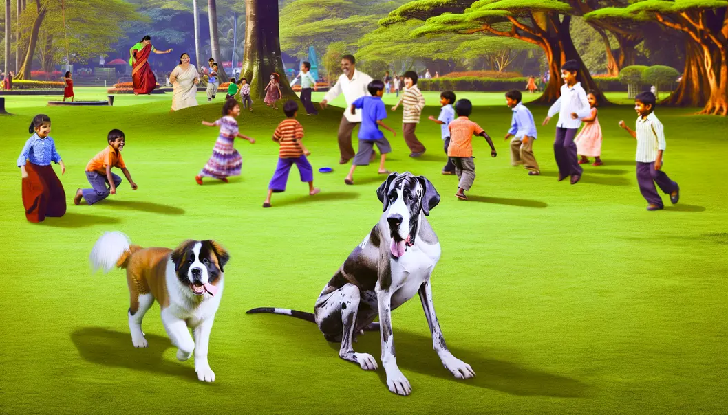 Great Dane and Saint Bernard frolicking in the park.