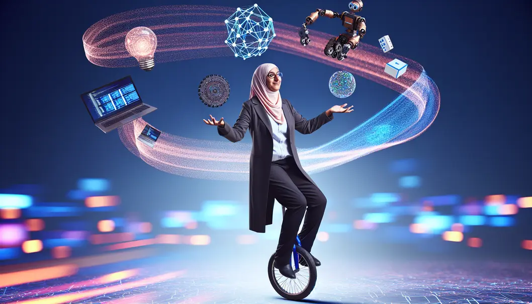 A CEO on a unicycle juggling AI-related items, representing the integration of technology and leadership.