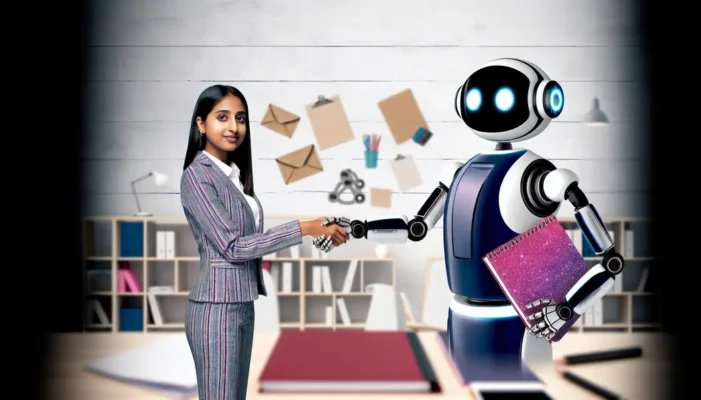 CEO shaking hands with a robotic assistant, symbolizing automation partnership.