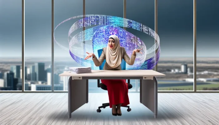 CEO interacting with AI systems humorously with a smile.