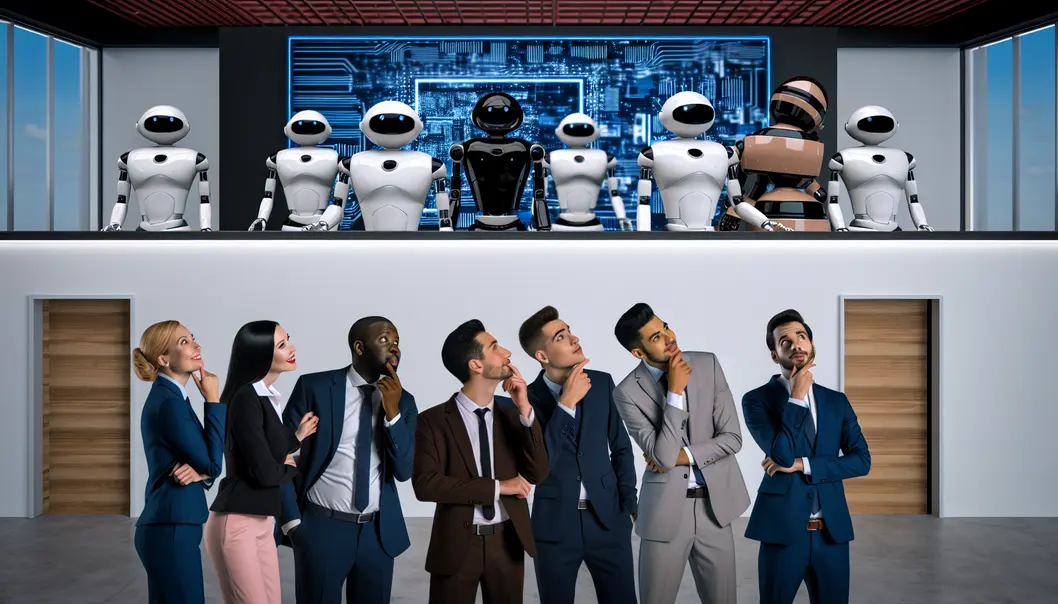 A robot handling all office tasks with flair while a CEO watches in awe.