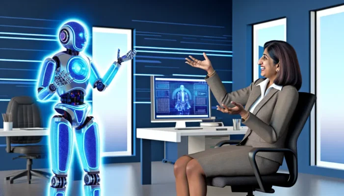 A futuristic CEO office where a robot and CEO share a light-hearted moment over a report.