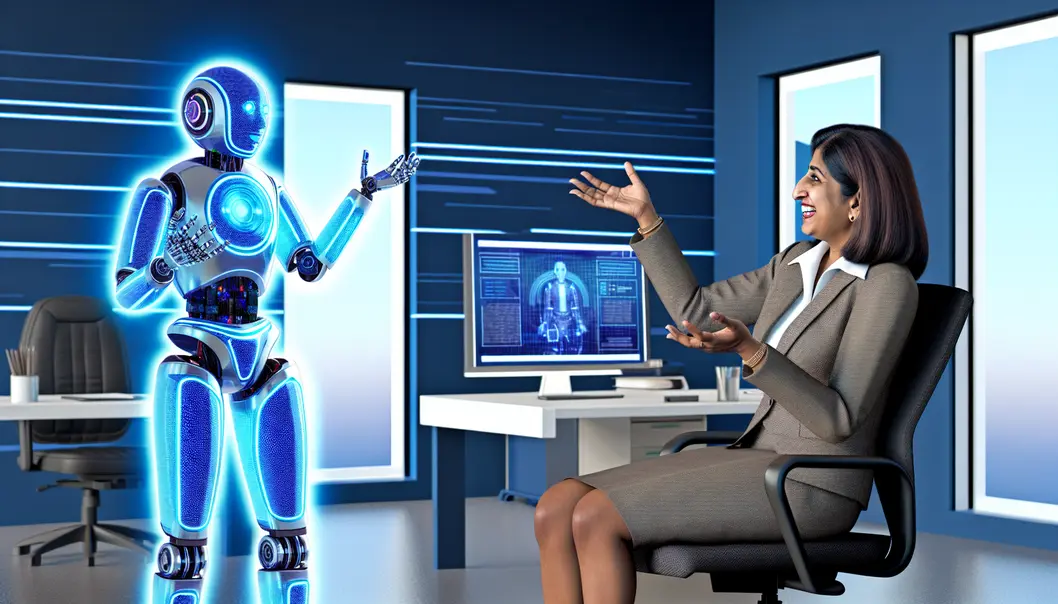 A futuristic CEO office where a robot and CEO share a light-hearted moment over a report.