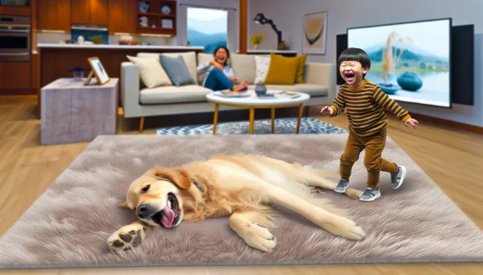Golden Retriever lounging in a family room with children.