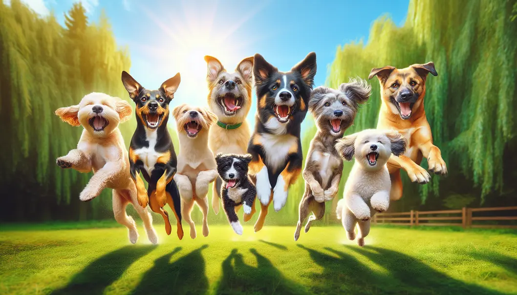 Mixed-breed dogs showcasing their delightful variety and charm in a playful setting.