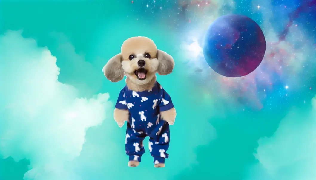 A dignified poodle donning adorable pajamas, full of personality.