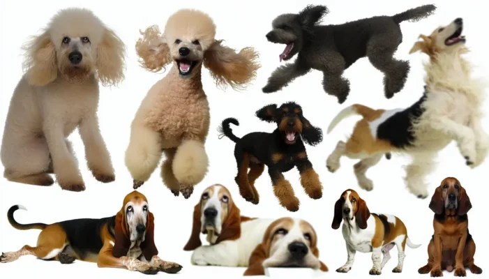 A collage showing diverse and quirky dog breeds with individual traits.
