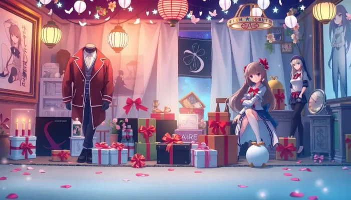 Various anime-inspired gifts including costumes, figurines, and art prints on display.
