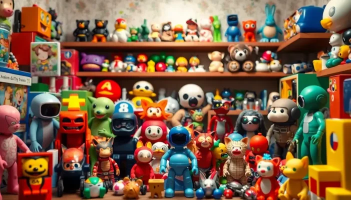 An array of anime toys showing the evolution from vintage to modern under a spotlight.