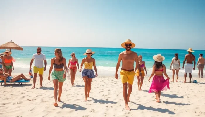People in colorful beachwear enjoying sun, sea, and sand at a beach during midday.