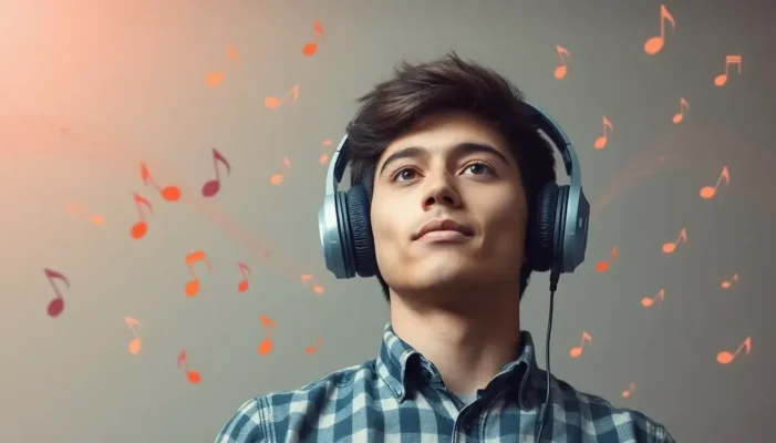 Young adult with headphones, surrounded by symbolic musical notes.
