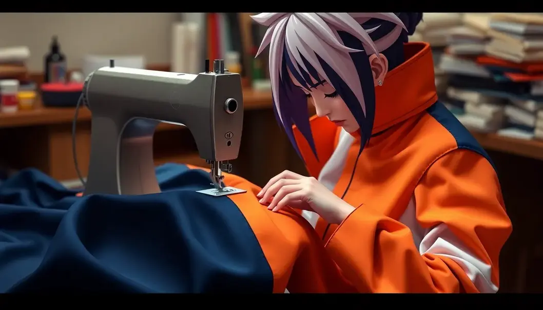 A tailor delicately crafting an anime cosplay costume, capturing the essence of Naruto.