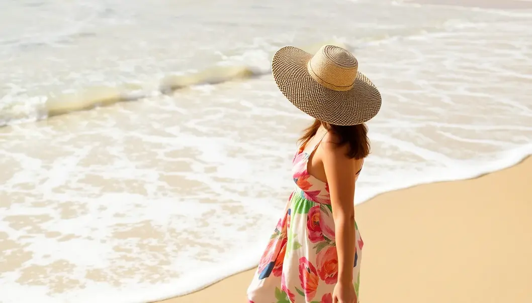 Effortless daytime beach ensemble with a vibrant maxi dress.