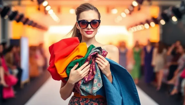 Fashionista holding fabric swatches against a colorful fashion show runway.