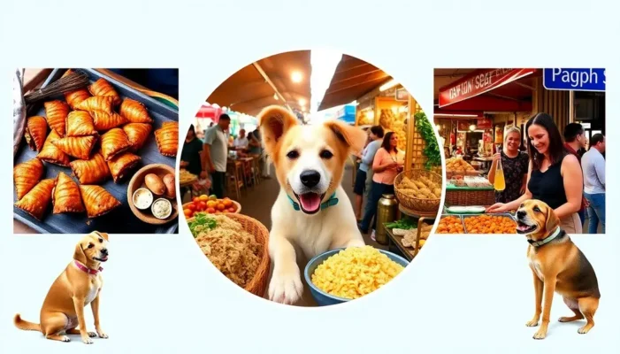 Collage of global street food scenes with empanadas, mango sticky rice, and market atmosphere including people and pets.