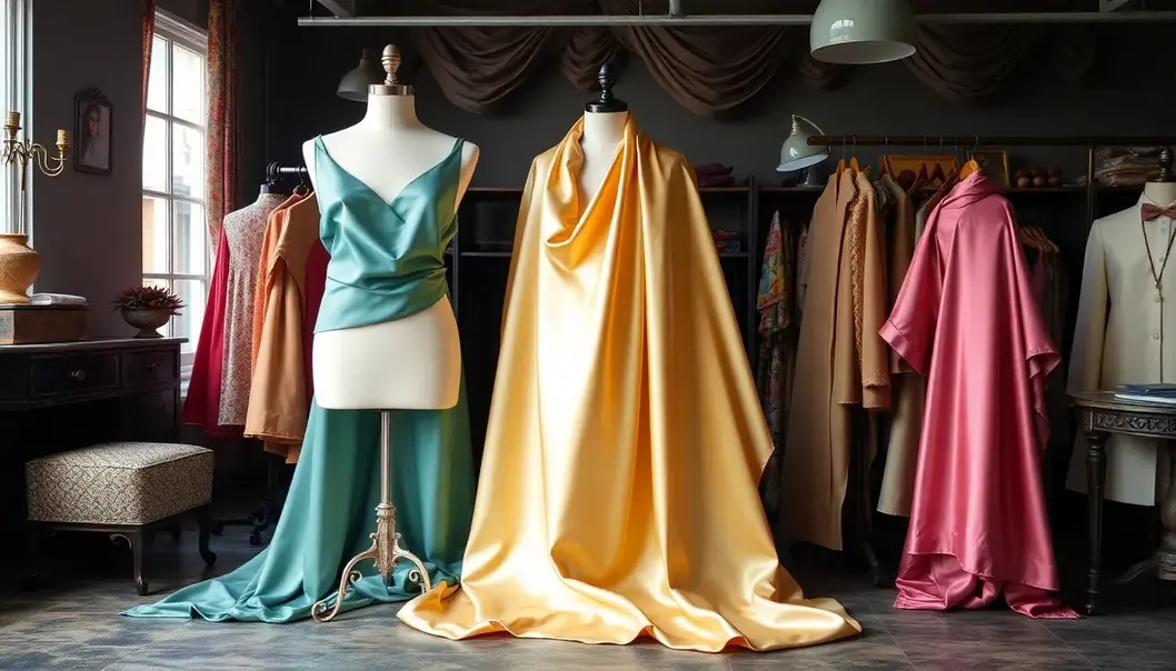 Silk, satin, and velvet displayed in an elegant fashion studio.