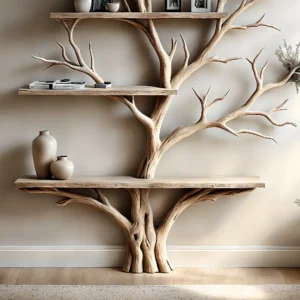Branch-Shaped Tree Bookshelf – Floating Wooden Shelf & Solid Wood Bookcase