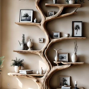 Solid Wood Tree Bookshelf – Teak & Driftwood Natural Bookcase for Decoration