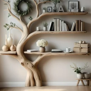 Natural Tree Bookshelf – Wooden Bookcase with Floating Shelf Design