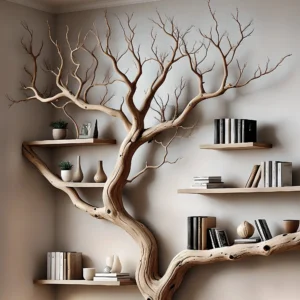 Rustic Driftwood Tree Bookshelf – Decorative Wooden Bookcase for Home Decor