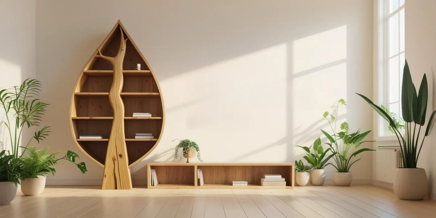 Leaf-shaped wooden bookshelf with natural solid wood design, minimalist bookcase for modern living room and eco-friendly home decoration.